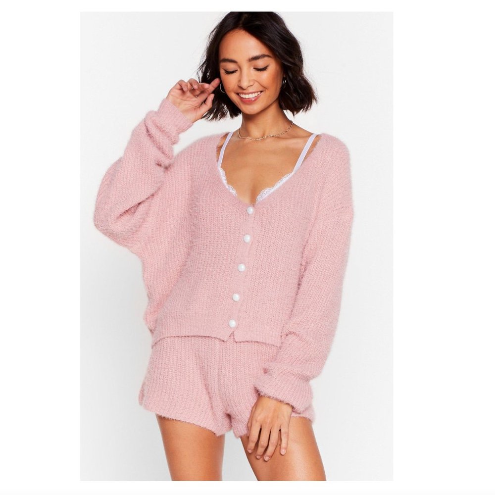 Pink fuzzy ribbed knit shorts
